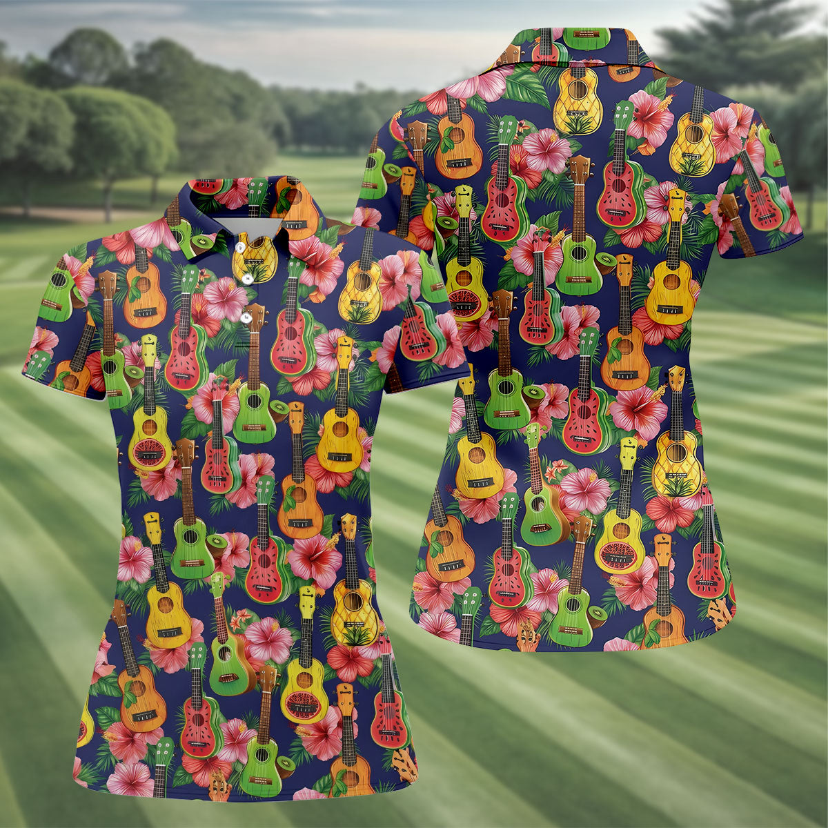 Tropical Ukulele Fruit Pattern 250 Retro Golf Shirt, Hawaiian Vibe Golf Shirt For Women