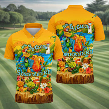 Golden Tropical Parrot Beach Cocktail Golf Polo Shirt, Men's Golf Shirt, Golf Polo Shirts For Men