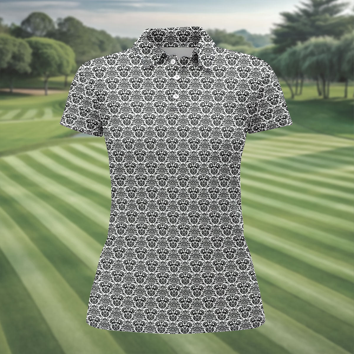 Vintage Monochrome Damask Golf Polo Shirt, Golf Polo For Women, Ladies Golf Top