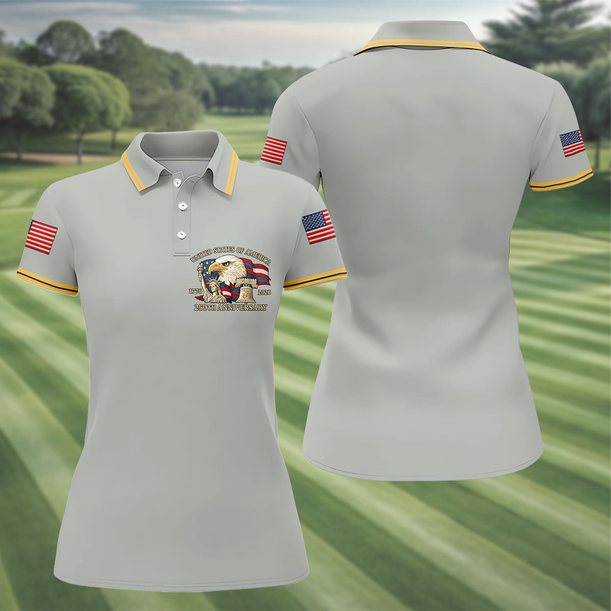Bald Eagle American Flag 250 Years Grey Golf Shirt, Patriotic 4th Of July Golf Shirt For Women
