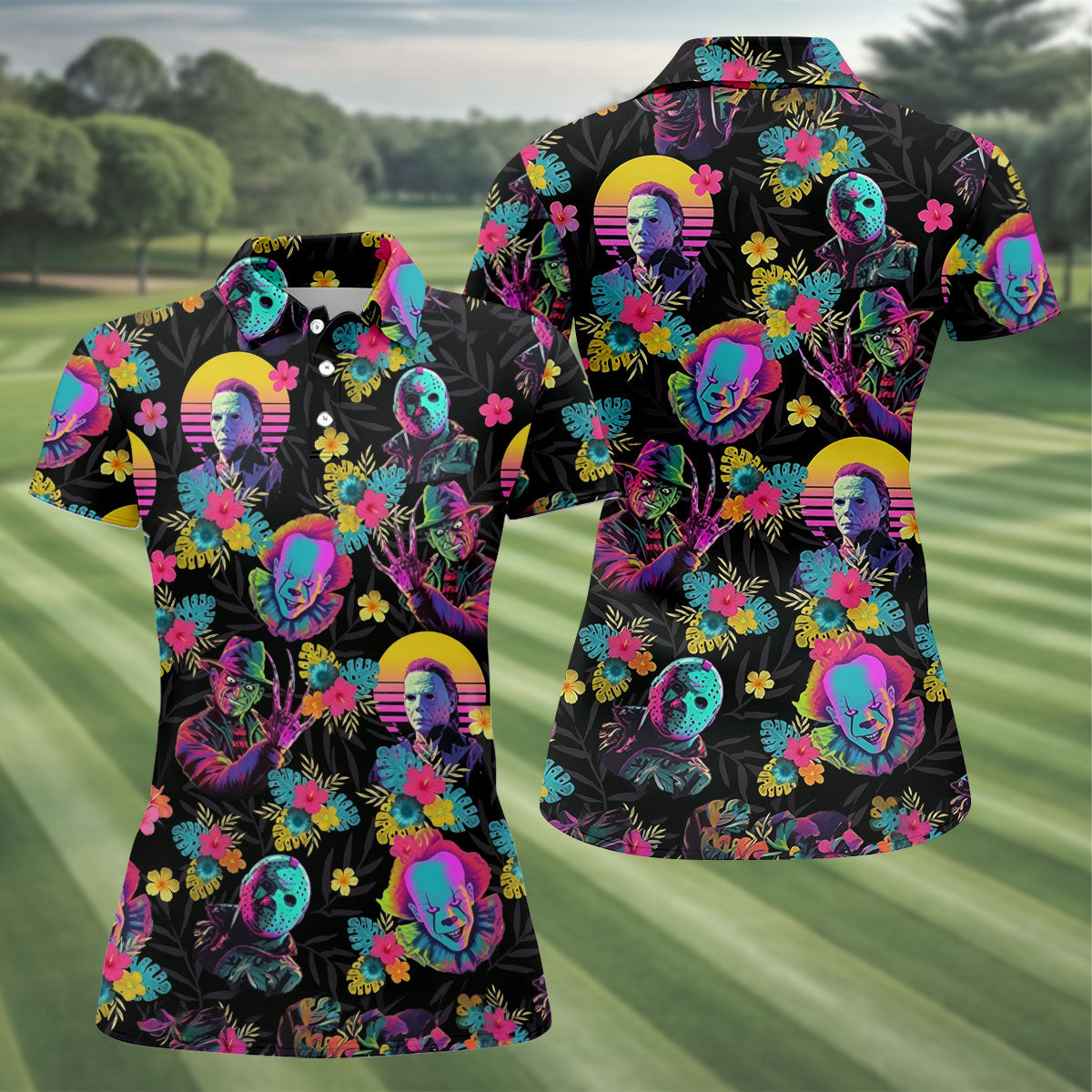 Neon Floral Halloween Horror Character Hawaiian Golf Shirt, Women's Golf Tops, Ladies Golf Shirts