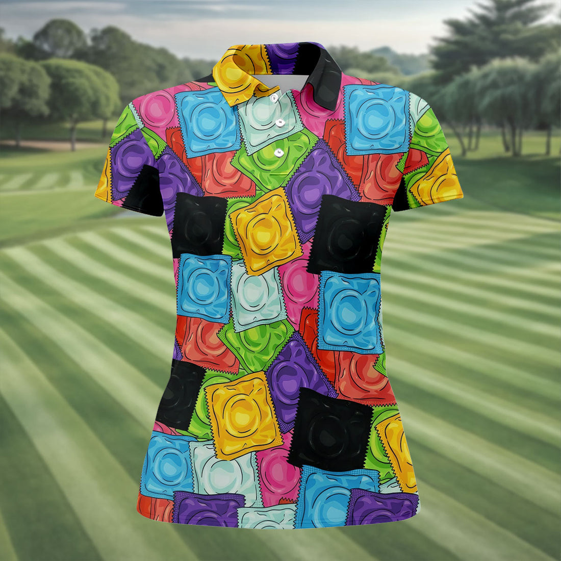 Funny Condom Wrapper Pattern Golf Polo Shirt, Women's Golf Apparel, Printed Golf Shirt