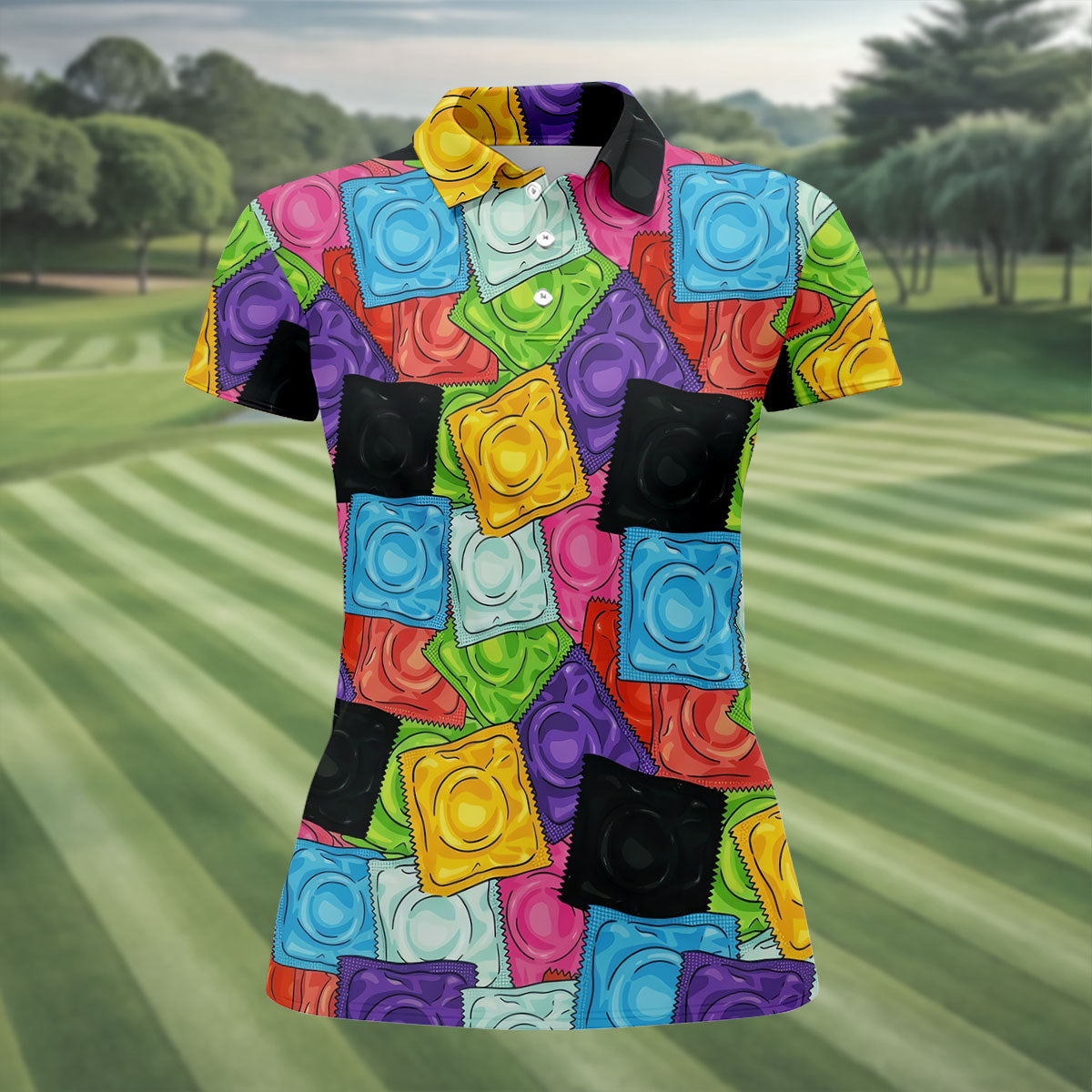 Funny Condom Wrapper Pattern Golf Polo Shirt, Women's Golf Apparel, Printed Golf Shirt