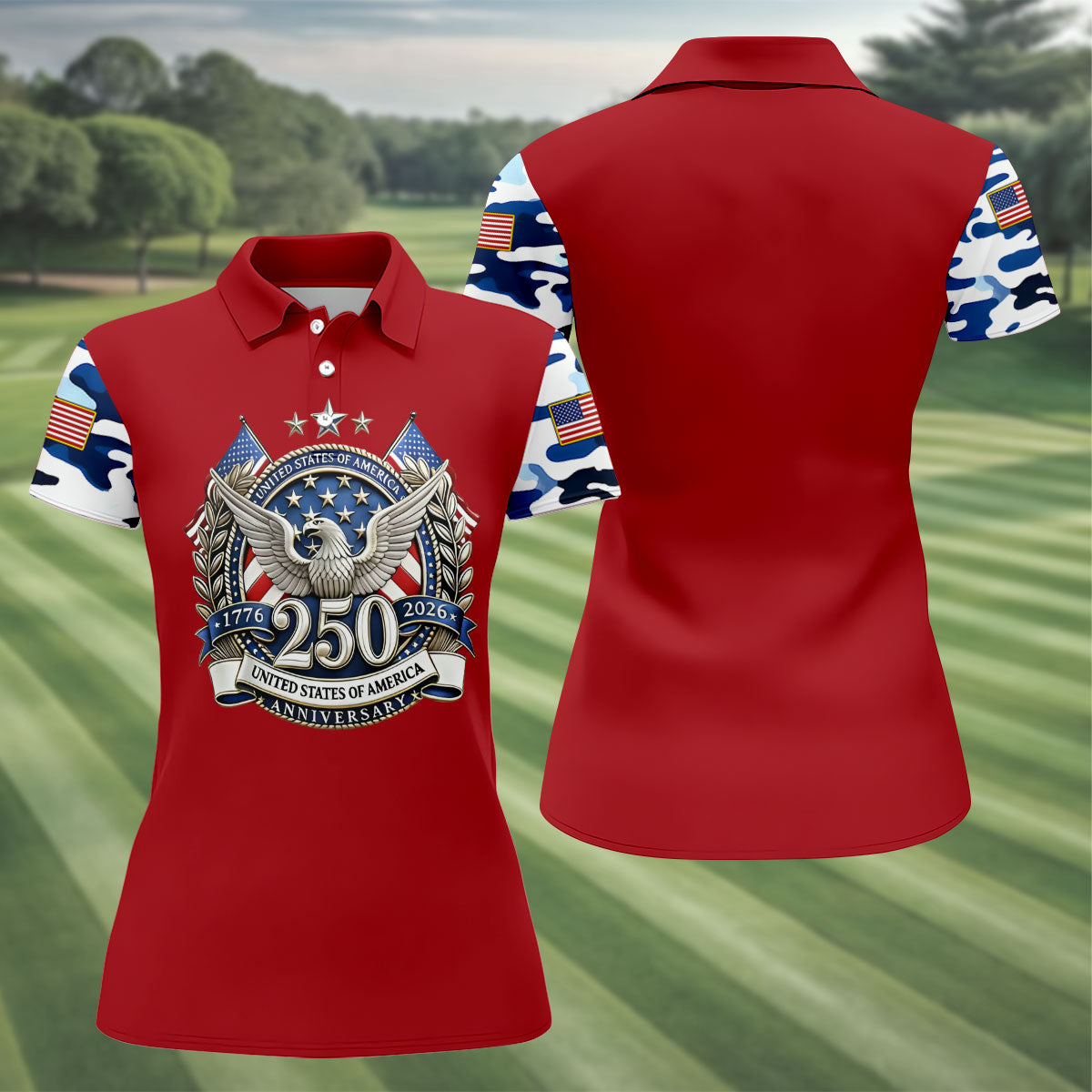 Patriotic Bald Eagle Blue And White Camo Red Golf Shirt, 250th Anniversary Women's Golf Shirts