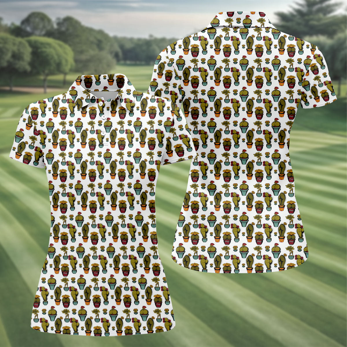 Cute Potted Cactus Pattern Golf Polo Shirt, Ladies Golf Tops, Women's Golf Polo