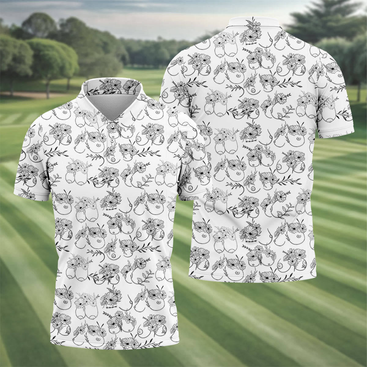 Floral Boobs Line Art Golf Polo Shirt, Men’s Golf Polo, Golf Tops For Men