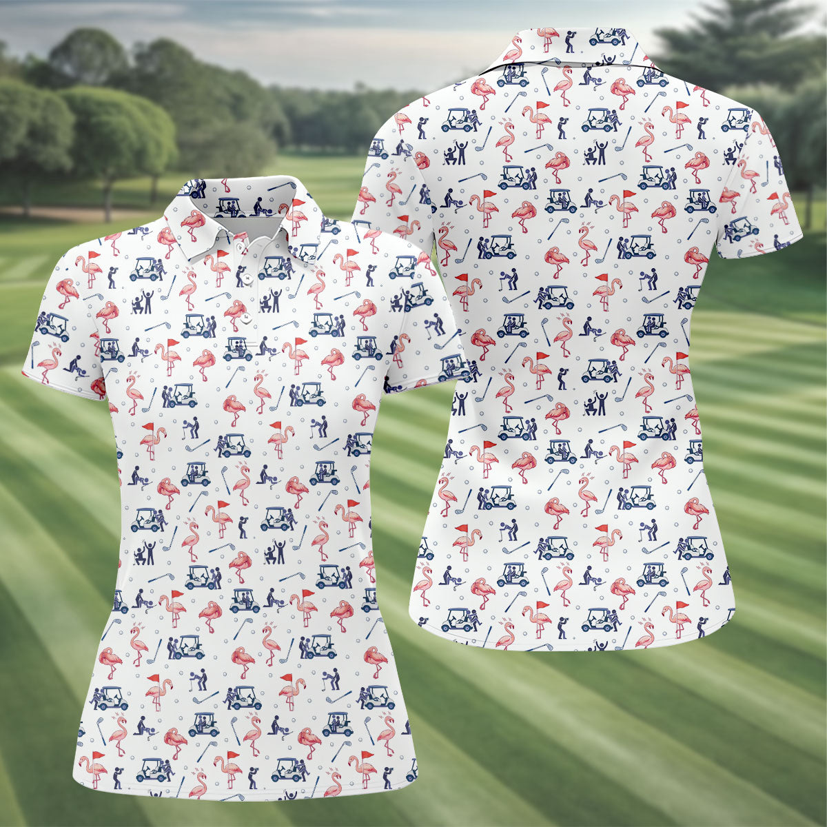 Flamingo Funny Golf Pattern Polo Shirt, Women's Golf Polo, Performance Golf Shirt