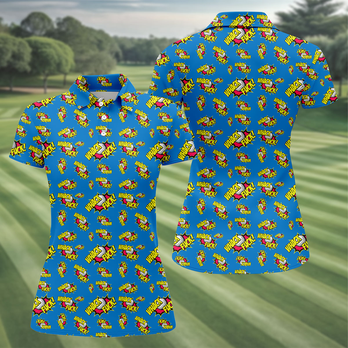 Whack Fuck Comic Golf Ball Pattern Golf Shirt, Women's Golf Tops, Golf Shirts For Women