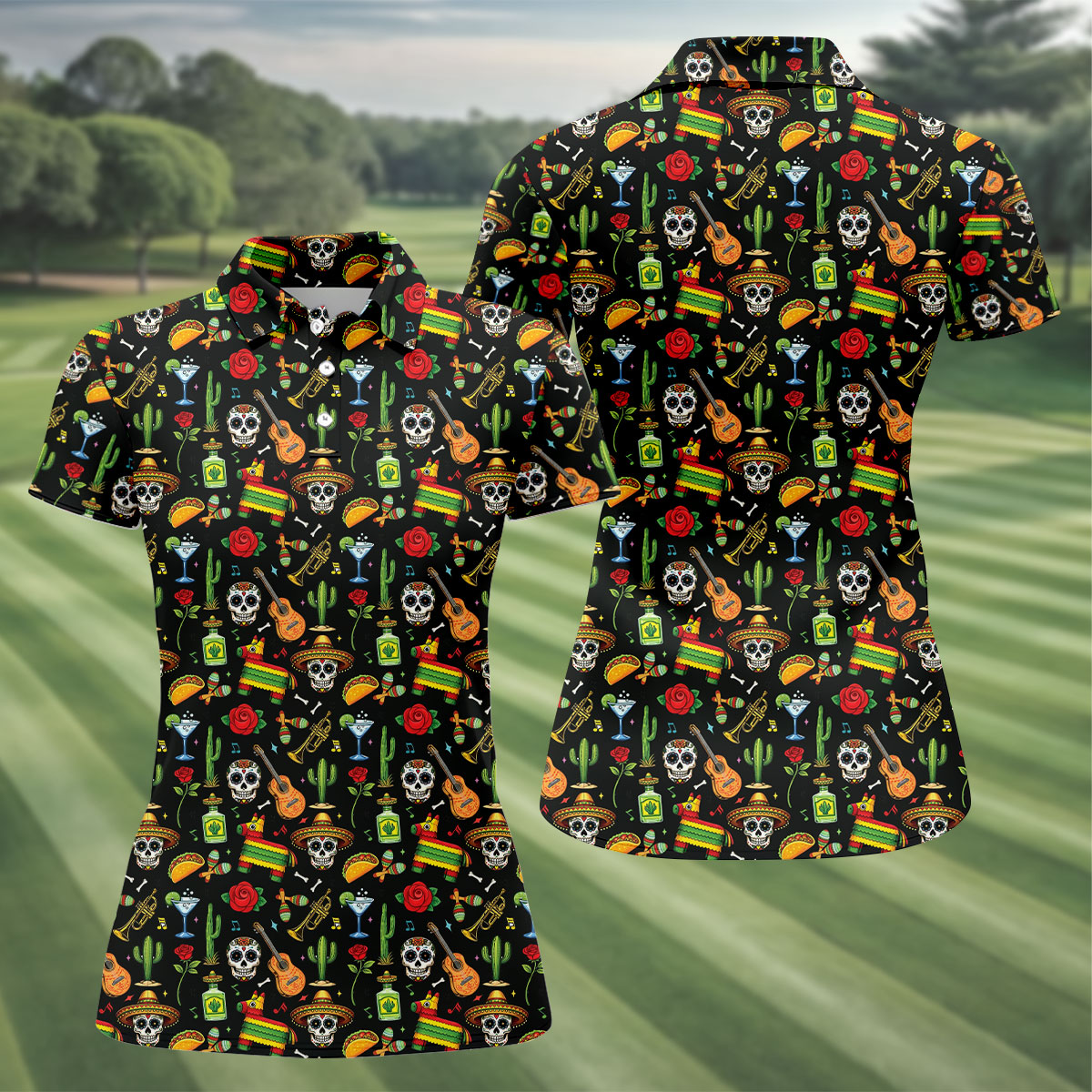 Decorated Skulls Party Items Cinco De Mayo Celebration Fiesta Themed Black Golf Shirt For Women