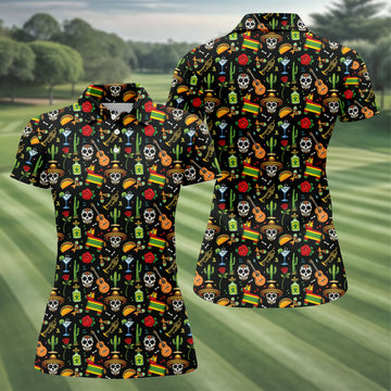 Decorated Skulls Party Items Cinco De Mayo Celebration Fiesta Themed Black Golf Shirt For Women