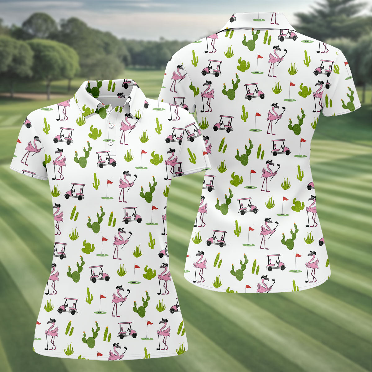 Pink Flamingo Golf Cart Cactus Hawaiian Golf Shirt, Women’s Golf Polo, Performance Golf Shirt