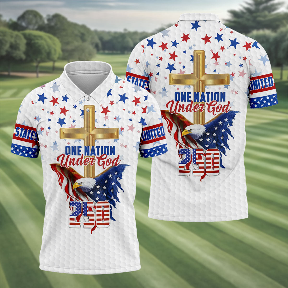One Nation Under God Faith Cross Bald Eagle 4th Of July Golf Shirt, 250 Years Golf Shirts For Men