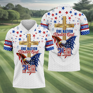 One Nation Under God Faith Cross Bald Eagle 4th Of July Golf Shirt, 250 Years Golf Shirts For Men