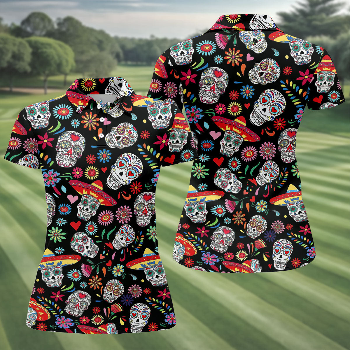 Day Of The Dead FLoral Sugar Skull Cinco De Mayo Celebration Fiesta Themed Golf Shirt For Women