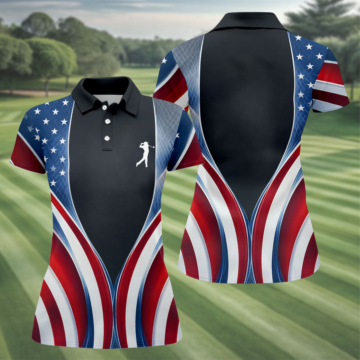 Red White Blue Wavy Stripes Patriotic Golf Shirt, 250 Years 4th Of July Golf Shirt For Women