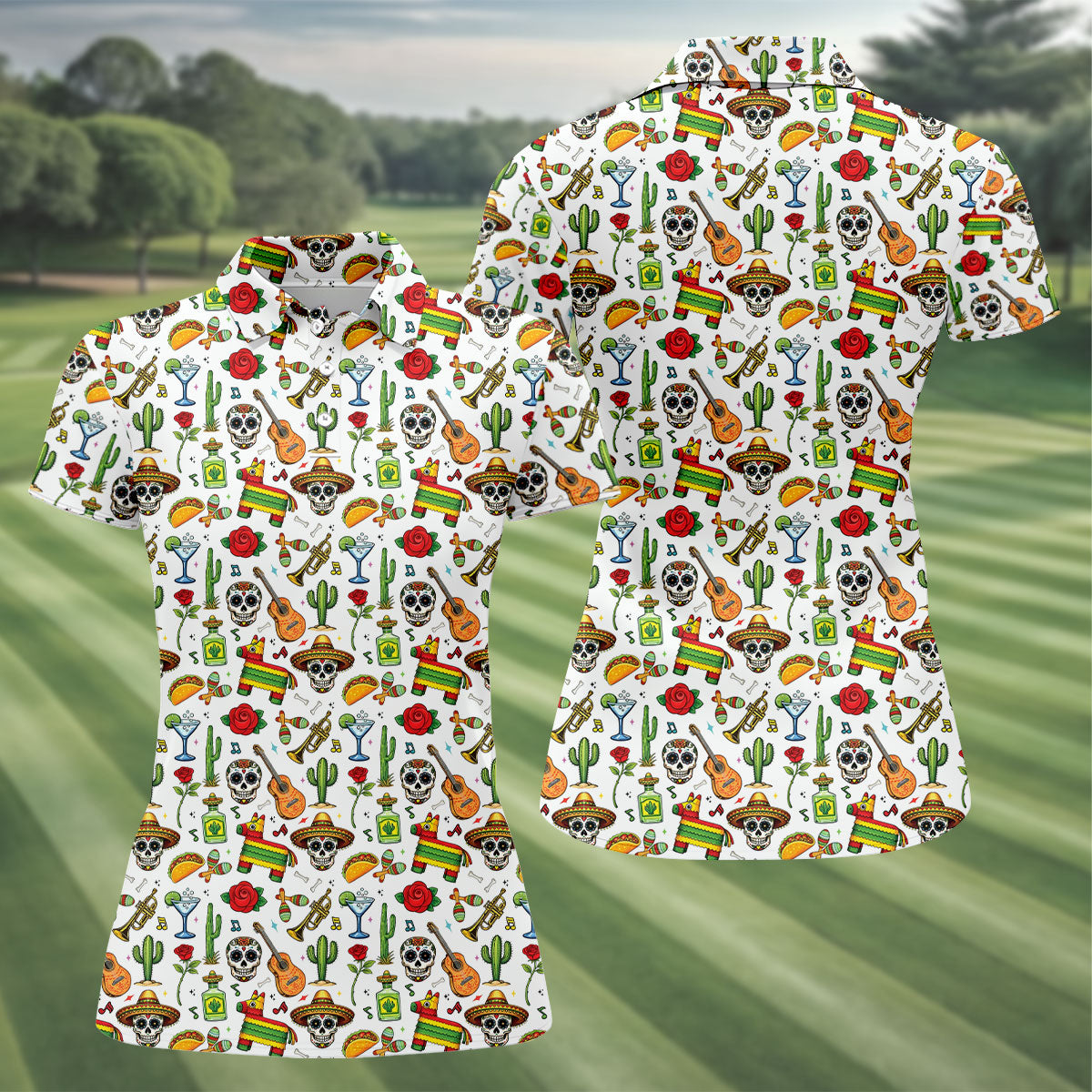 Decorated Skulls Party Items Cinco De Mayo Celebration Fiesta Themed White Golf Shirt For Women