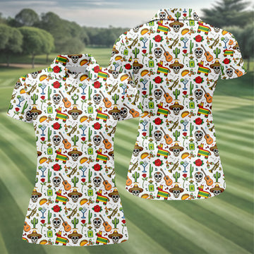 Decorated Skulls Party Items Cinco De Mayo Celebration Fiesta Themed White Golf Shirt For Women