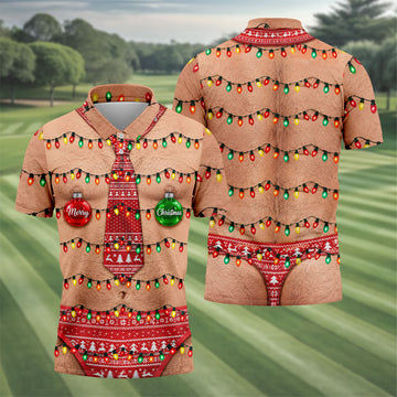 Funny Merry Christmas Lights Tie Polo Shirt, Printed Golf Shirts, Golf Shirts For Men
