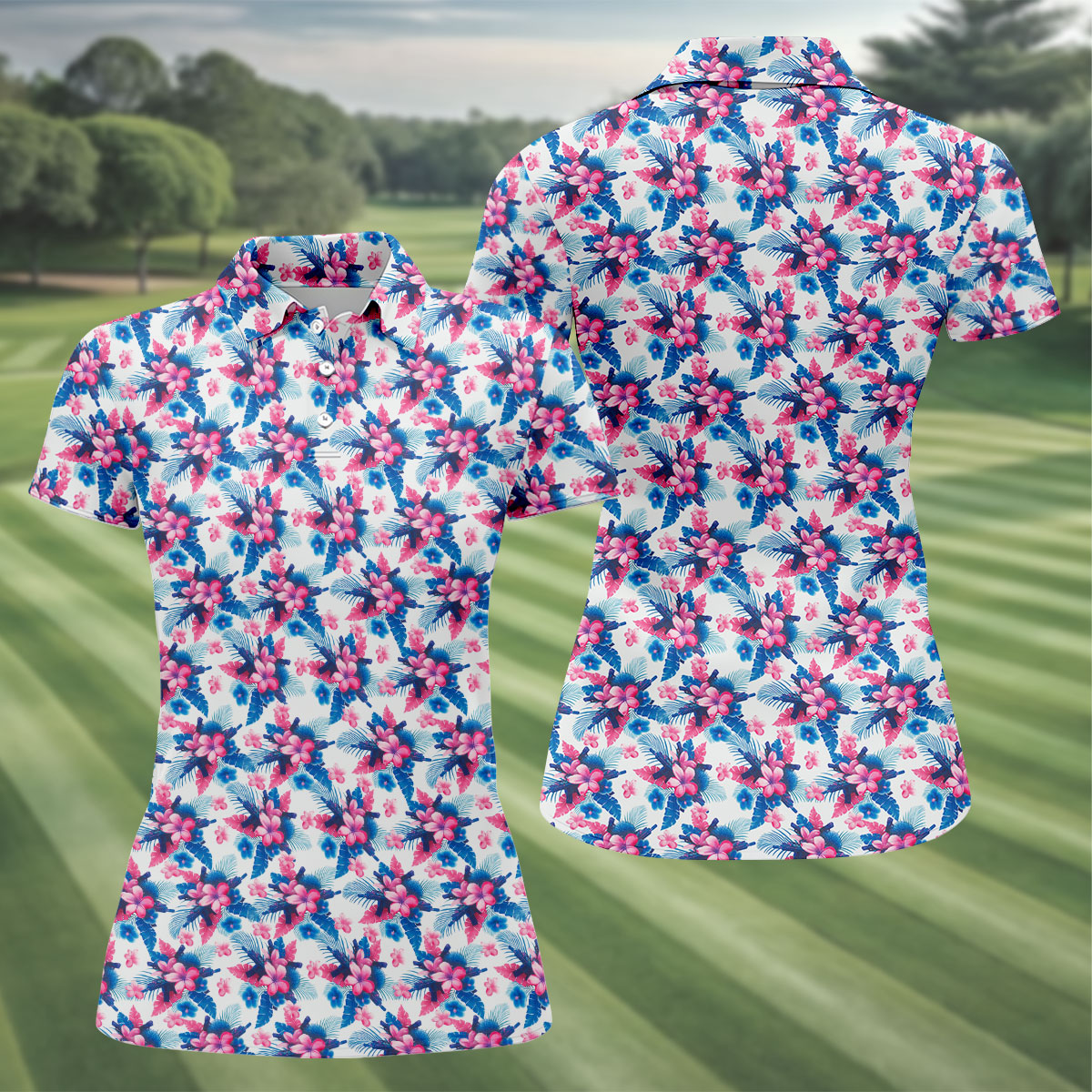 Pink Blue Tropical Floral Hawaiian Golf Shirt, Vibrant Color Golf Shirt For Women