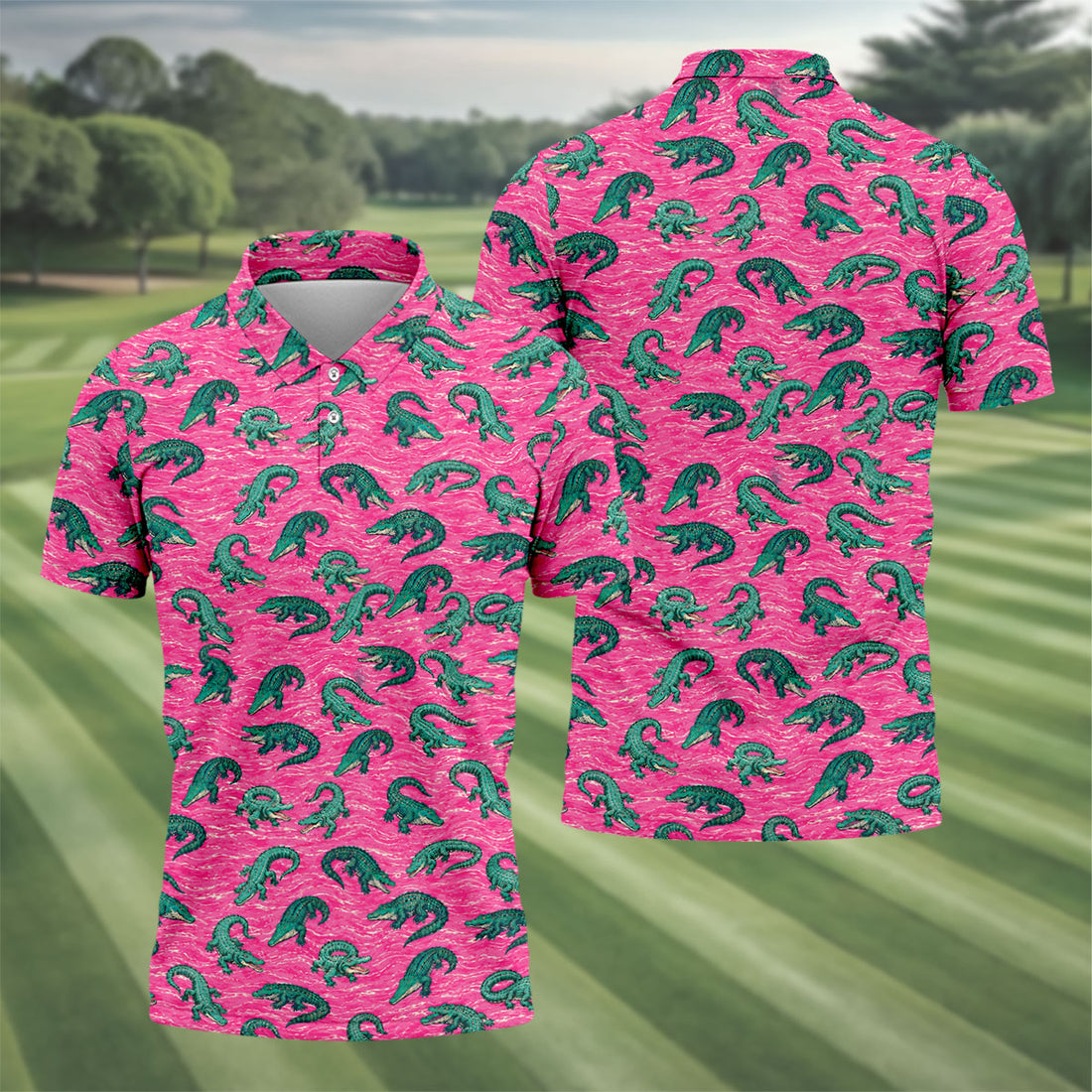 Alligator Pattern Golf Shirt, Pink Gator Print Men's Golf Polo, Polo Shirts For Men