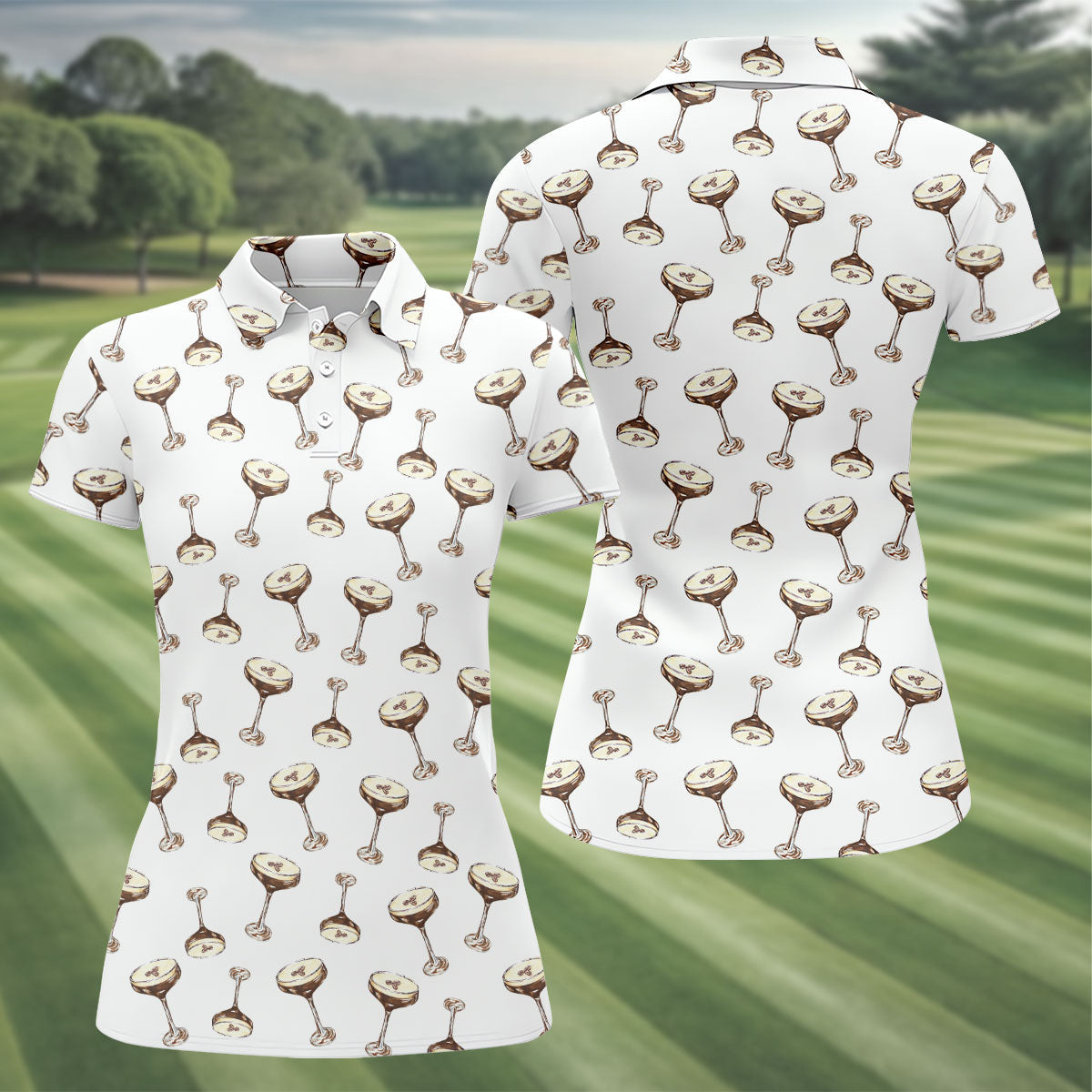 Expresso Martini Doodle Seamless Pattern Hawaiian Golf Shirt, Women's Golf Tops