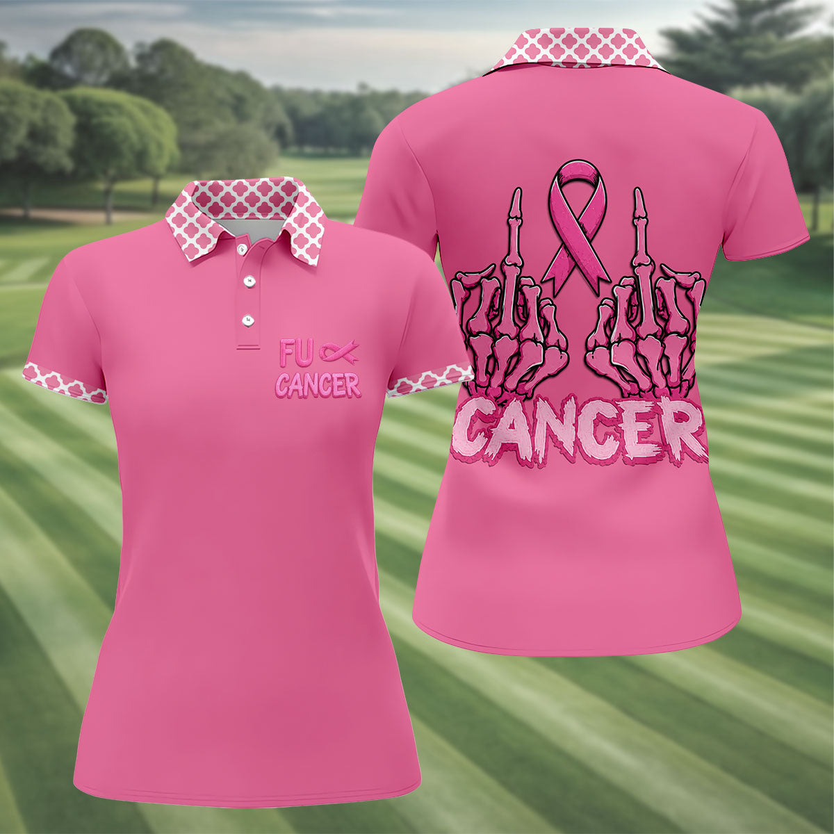 Pink F Cancer Skeleton Middle Finger Breast Cancer Polo Shirt, Ladies Golf Tops, Women’s Golf Polo