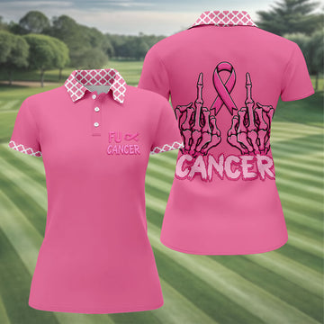 Pink F Cancer Skeleton Middle Finger Breast Cancer Polo Shirt, Ladies Golf Tops, Women’s Golf Polo