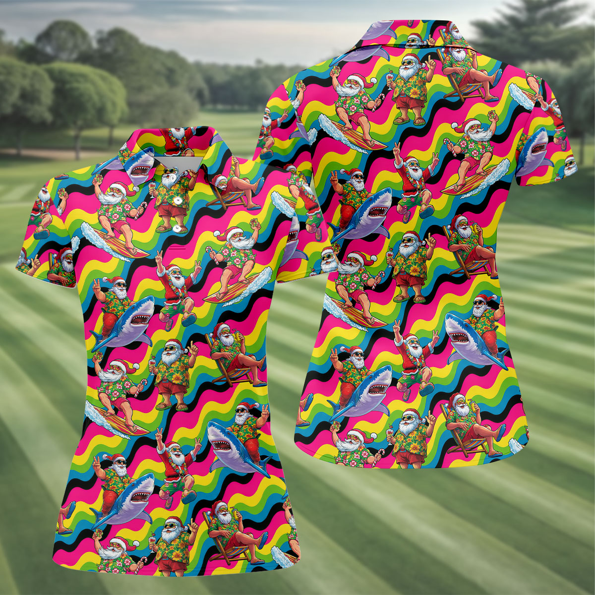 Funny Surfing Santa Riding Shark Hawaiian Golf Shirt, Golf Polo For Women, Printed Golf Shirt