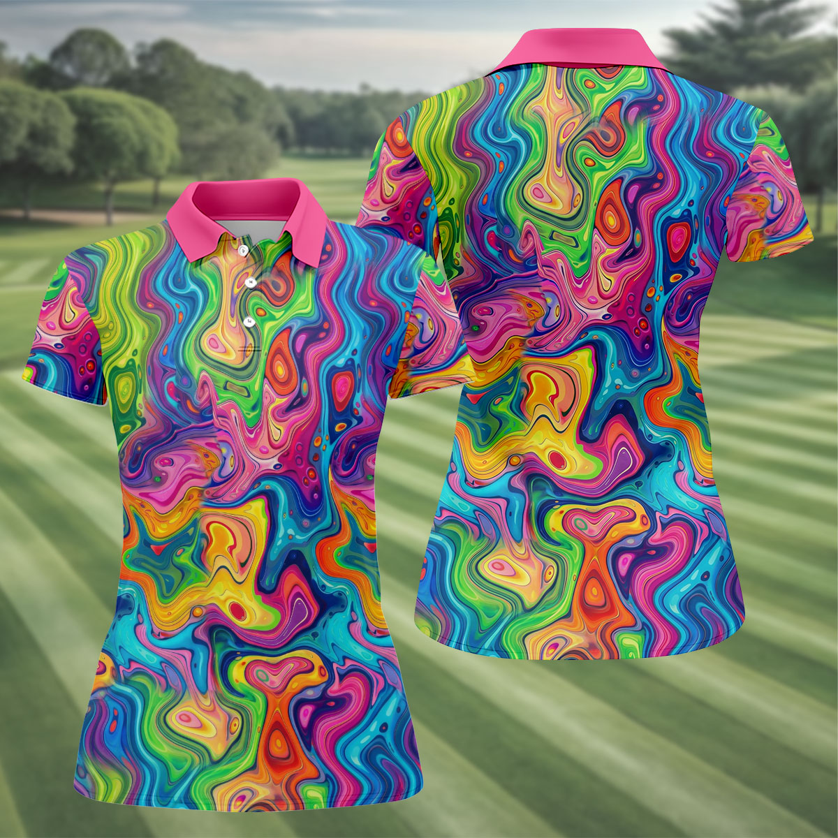 Liquid Marble Colorful Print Retro Golf Shirt, Women's Golf Tops, Ladies Golf Polos