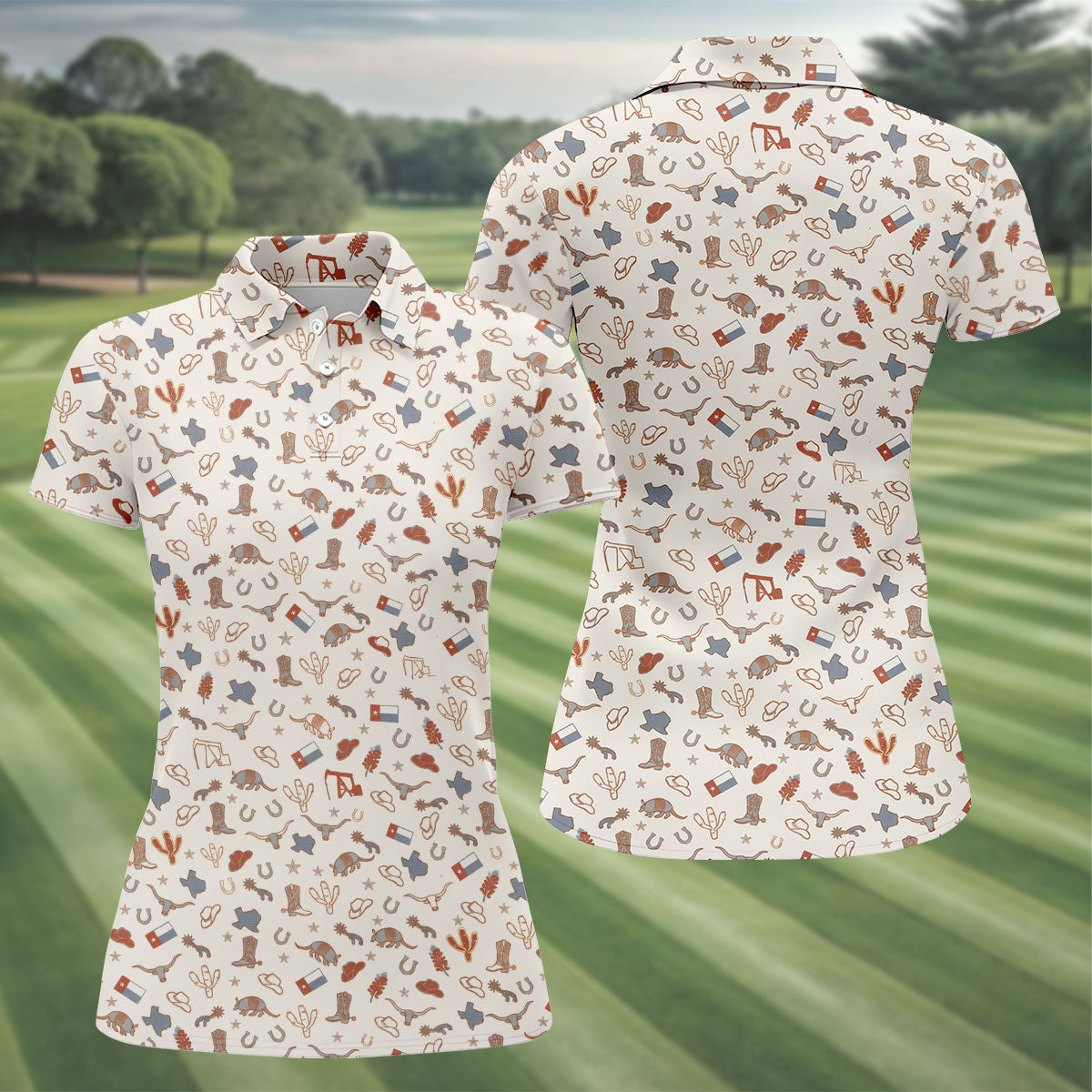 Beige Texas Cowboy Pattern Golf Polo Shirt, Golf Shirts For Women, Hawaiian Golf Shirt