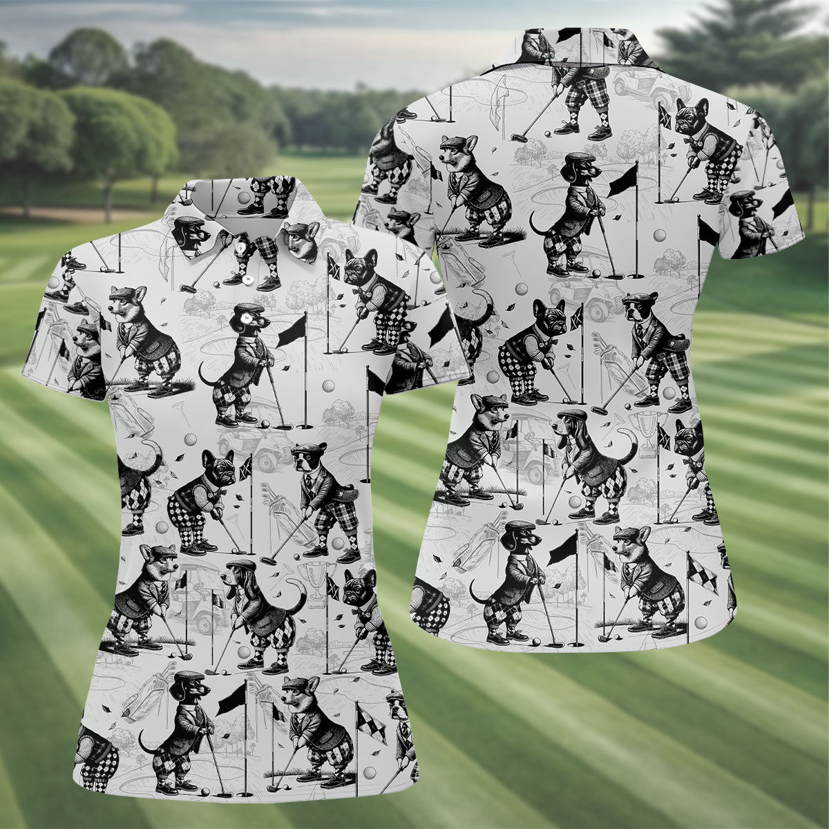 Vintage Golfing Dogs Pattern Golf Polo Shirt, Women’s Golf Polo, Golf Tops For Women