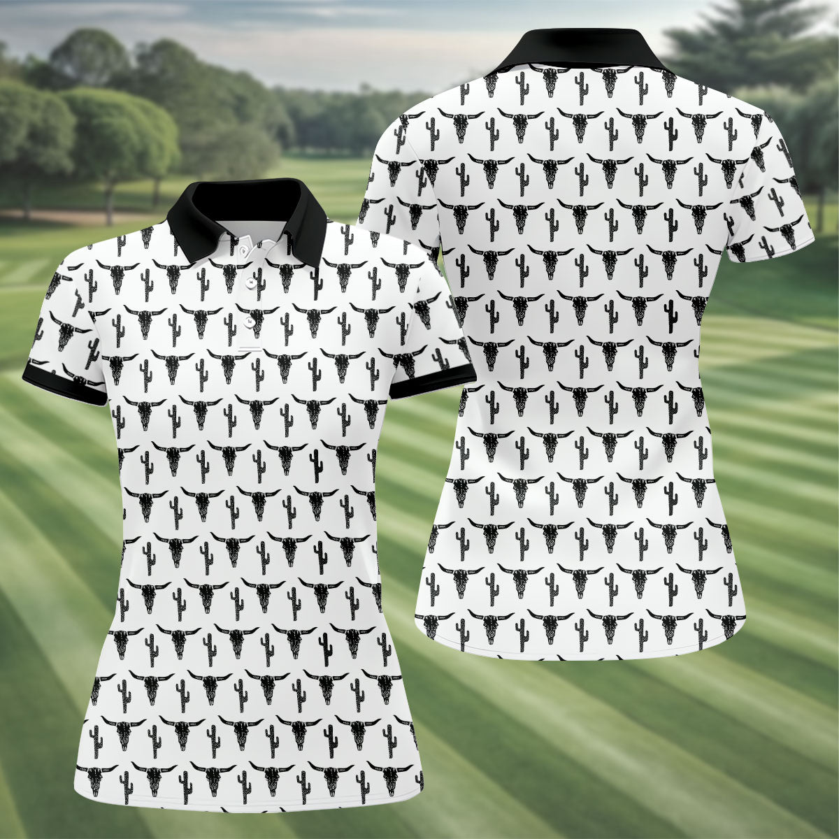 Longhorn Cow Skull Western Theme White Women Golf Top, Ladies Golf Shirts, Golf Shirt For Women