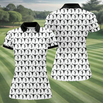 Longhorn Cow Skull Western Theme White Women Golf Top, Ladies Golf Shirts, Golf Shirt For Women