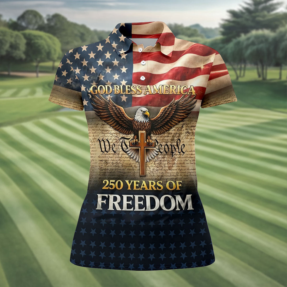 God Bless America 250 Years Of Freedom Retro Golf Shirt, Patriotic 4th Of July Golf Shirt For Women