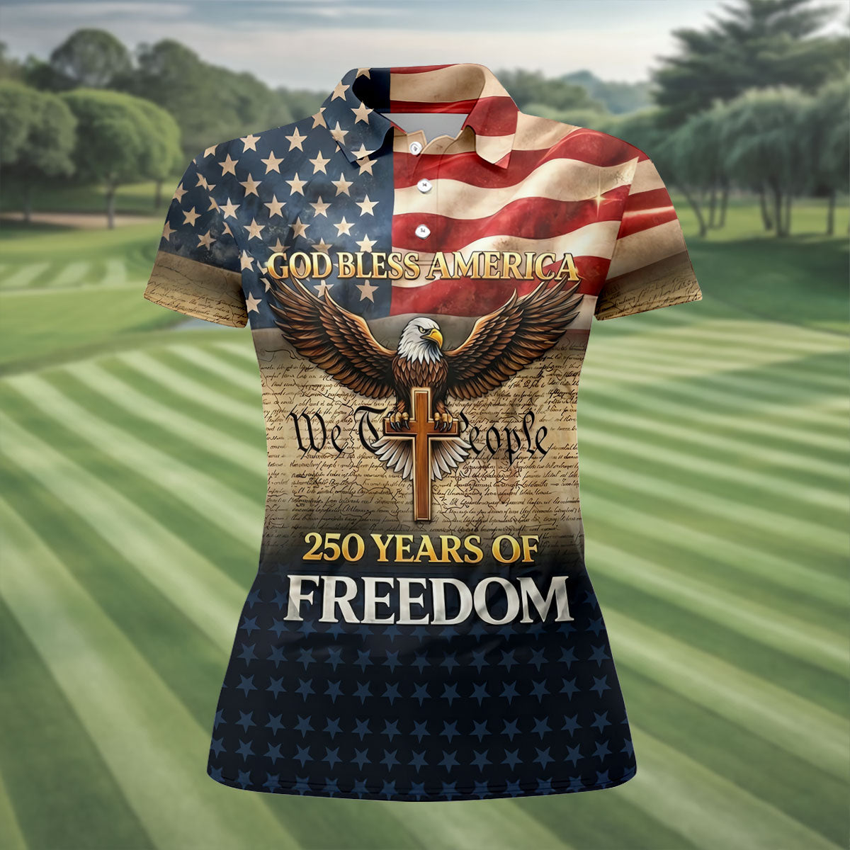 God Bless America 250 Years Of Freedom Retro Golf Shirt, Patriotic 4th Of July Golf Shirt For Women