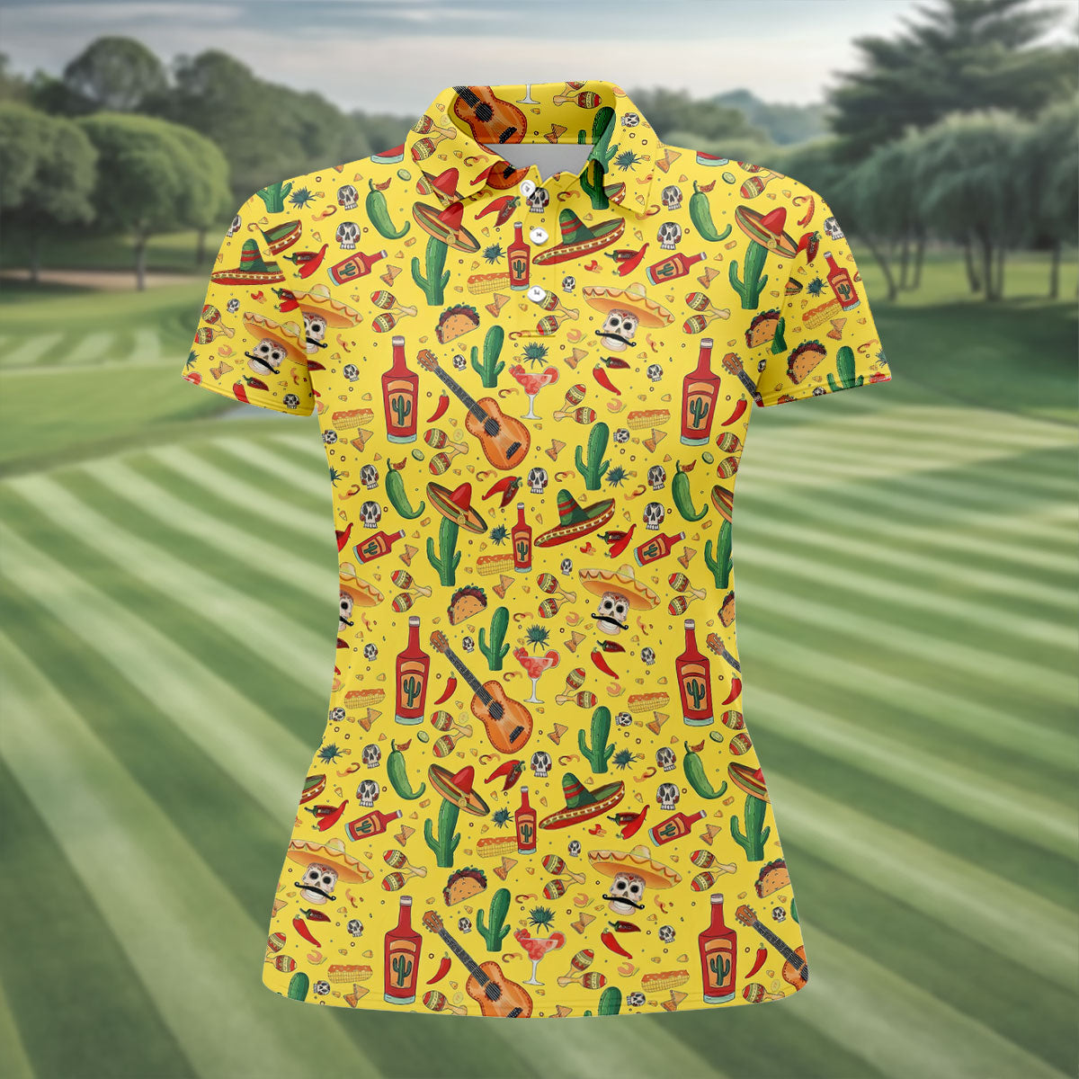 Skulls With Sombreros Funny Cinco De Mayo Fiesta Themed Ladies Golf Tops, Golf Shirt For Women
