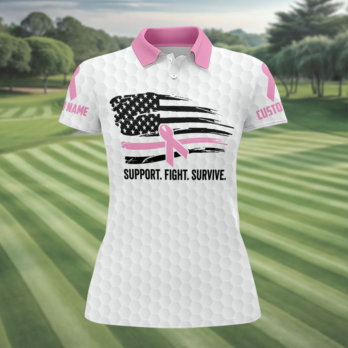 Custom Support Fight Survive Breast Cancer Polo Shirt, Ladies Golf Tops, Women’s Golf Polo
