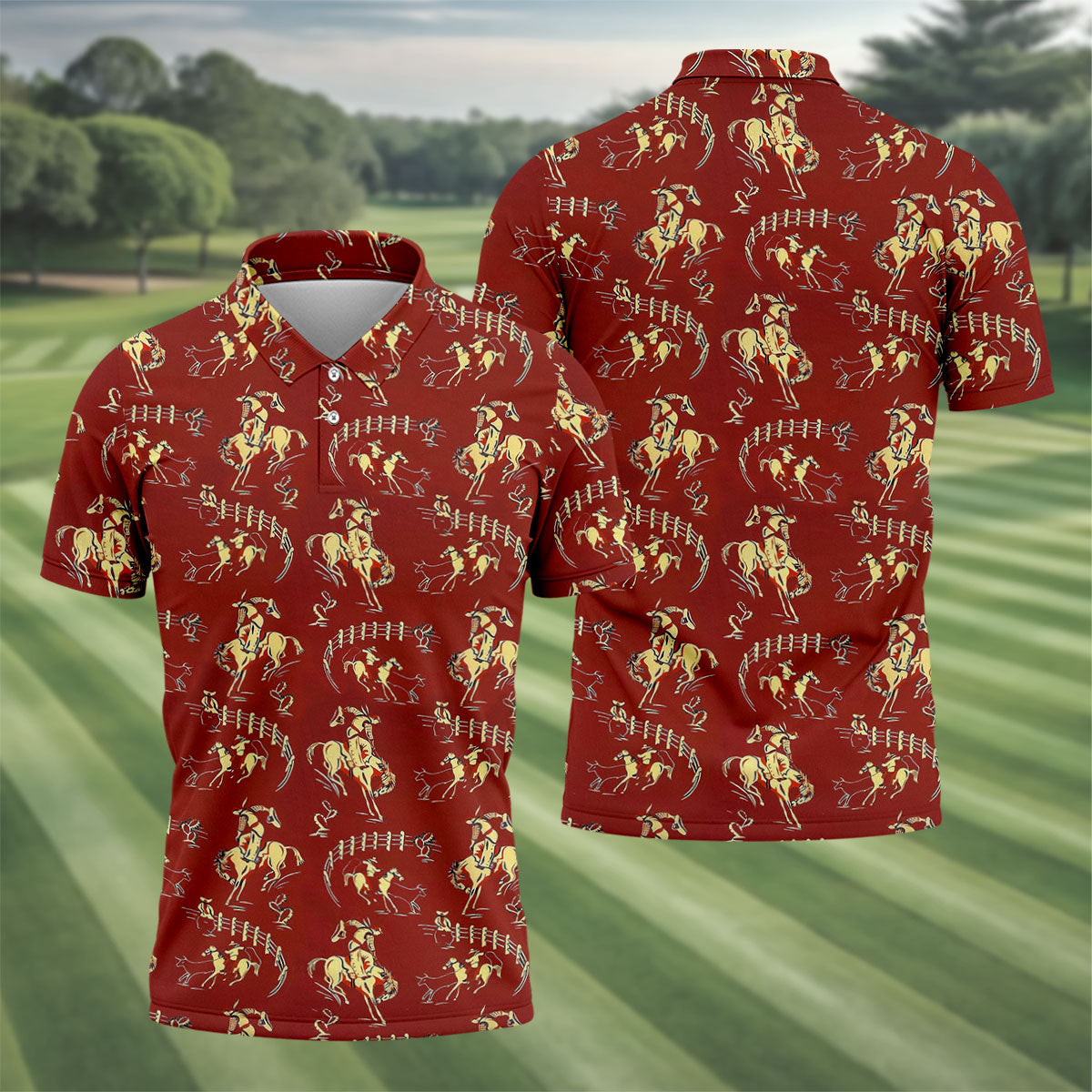 Vintage Rodeo Cowboy Pattern Golf Polo Shirt, Mens Golf Apparel, Hawaiian Golf Shirt
