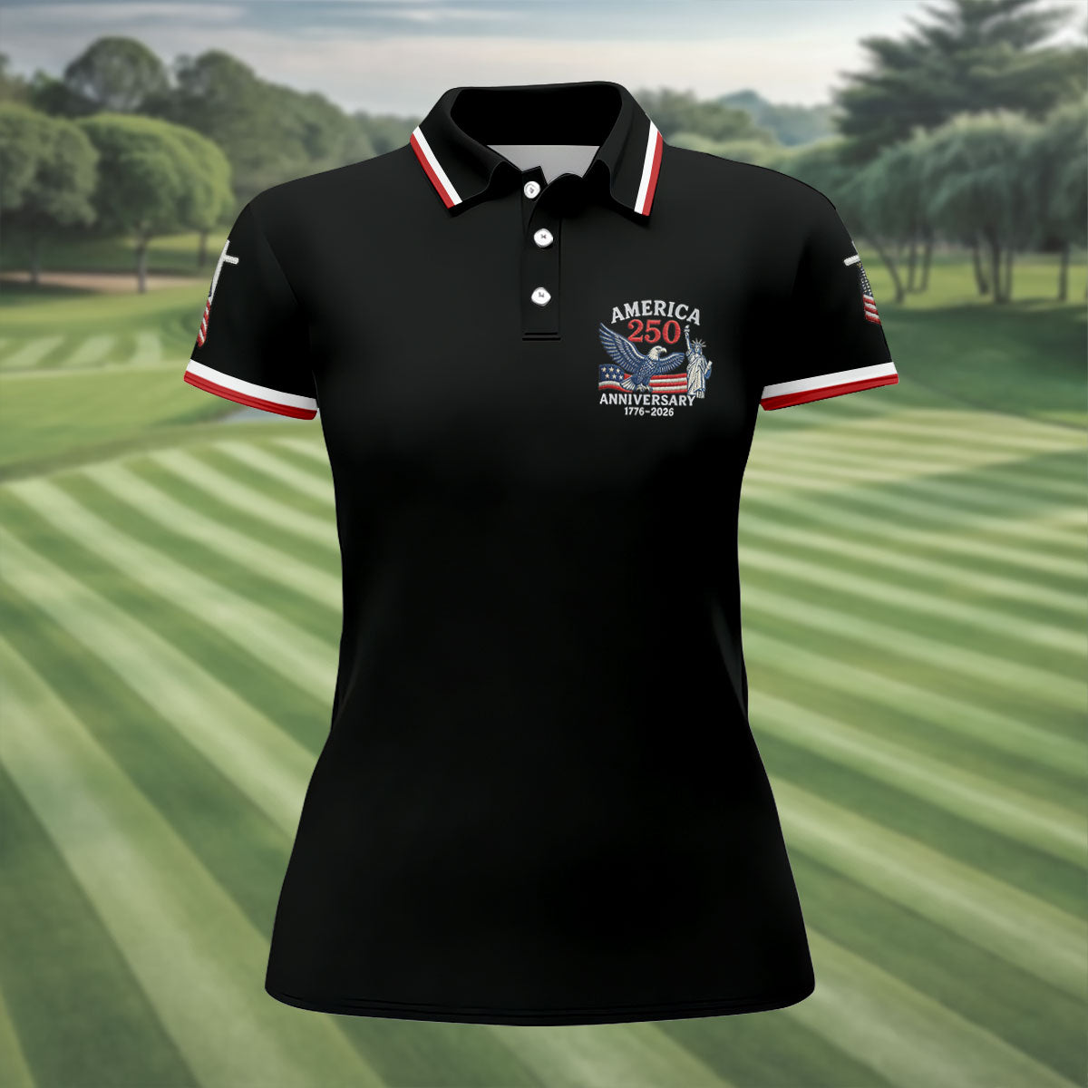 Faith Cross Bald Eagle America 250 Anniversary Black Patriotic Golf Shirt, Golf Shirt For Women