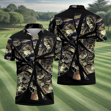 Broken Glass Horror Character Collage Golf Polo Shirt, Mens Golf Shirts, Hawaiian Golf Shirt