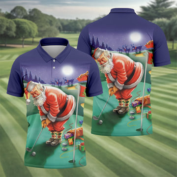 Men's Santa Night Golf Scene Golf Shirt, Christmas Golf Shirt, Golf Apparel For Men