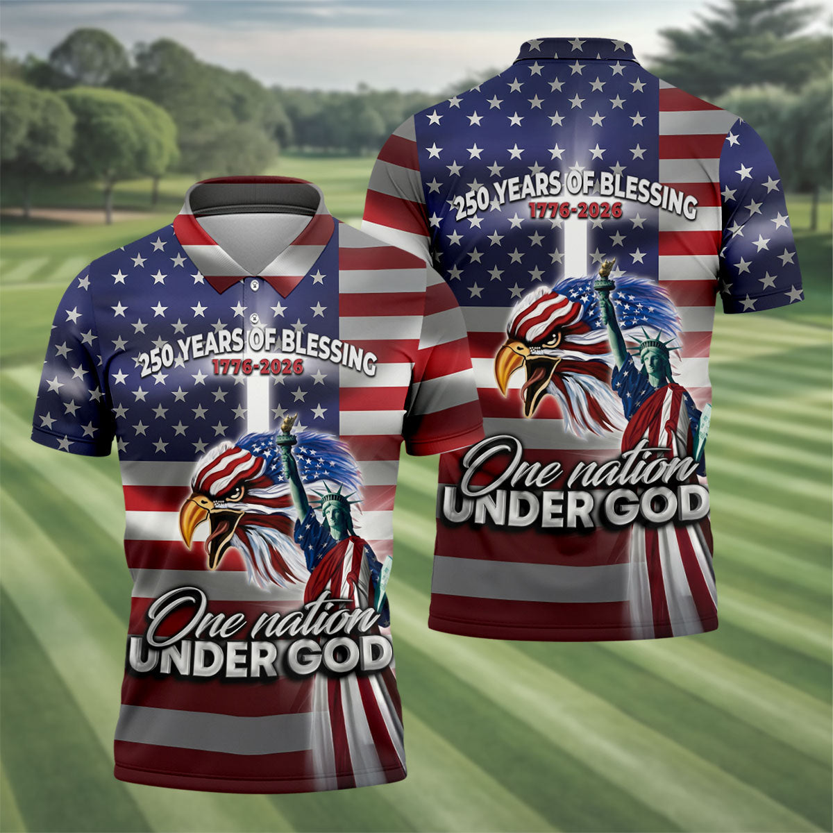 One Nation Under God 250 Years Of Blessing US Flag Golf Shirt, 4th Of July Golf Shirts For Men