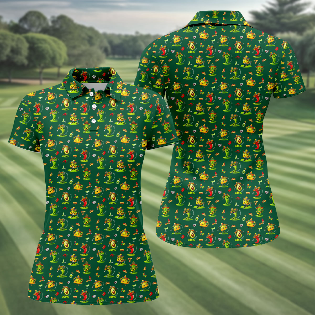 Mexican Cartoon Food Characters Cinco De Mayo Celebration Fiesta Themed Green Golf Shirt For Women