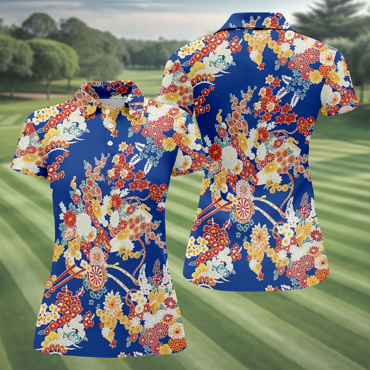 Royal Blue Japanese Floral Pattern Golf Shirt, Women’s Golf Polo, Ladies Golf Tops