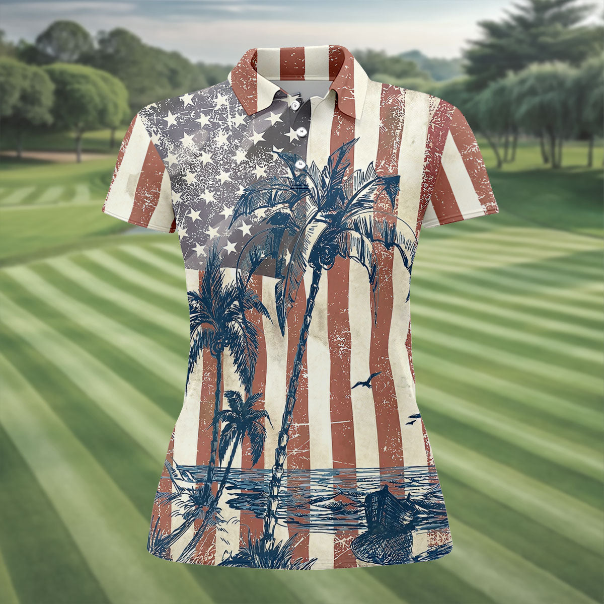 Hawaiian Theme Distressed US Flag Patriotic Golf Shirt, 250 Years 4th Of July Golf Shirt For Women
