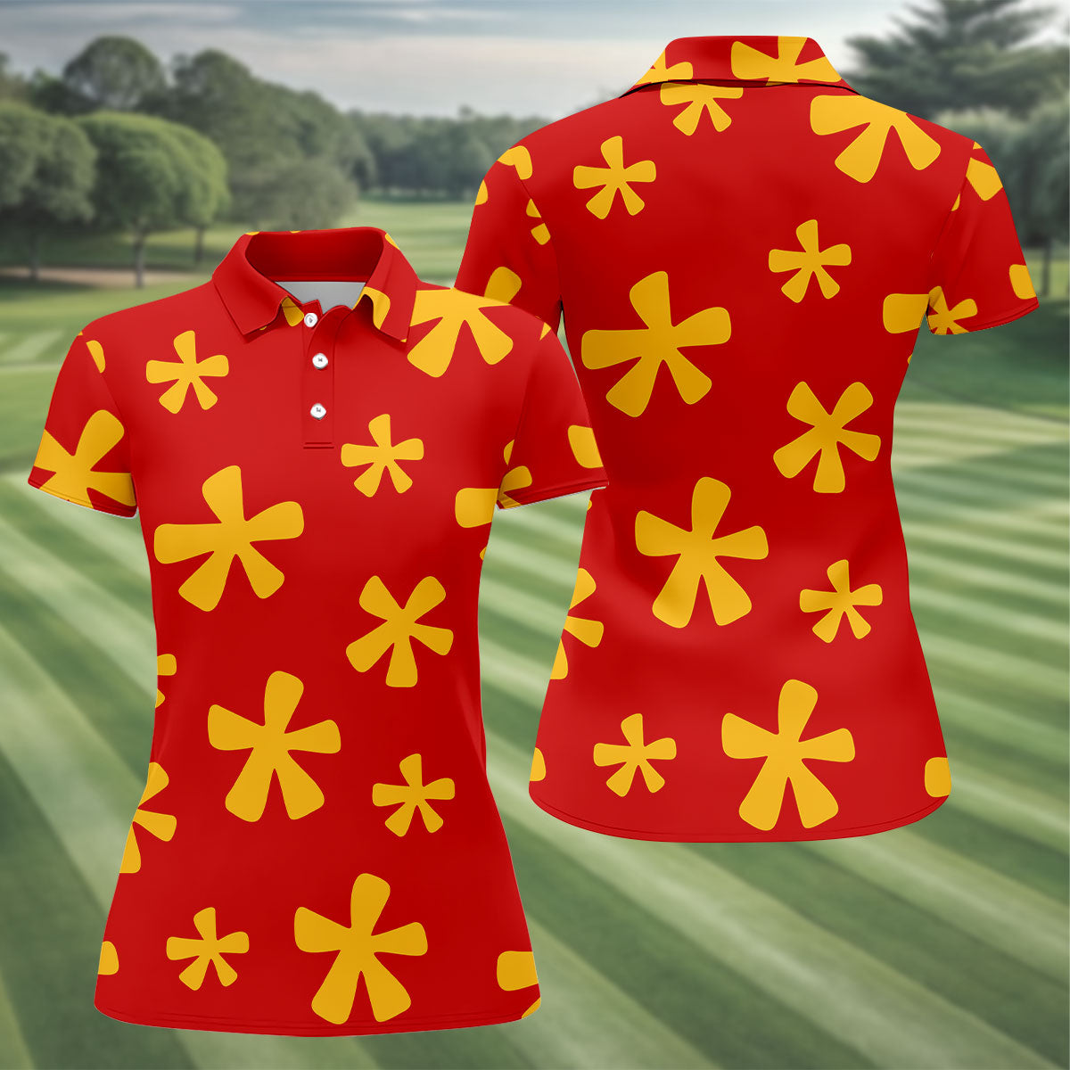 Red Hawaiian Floral Sleeveless Golf Polo, Women’s Sleeveless Golf Shirt, Golf Polo For Women