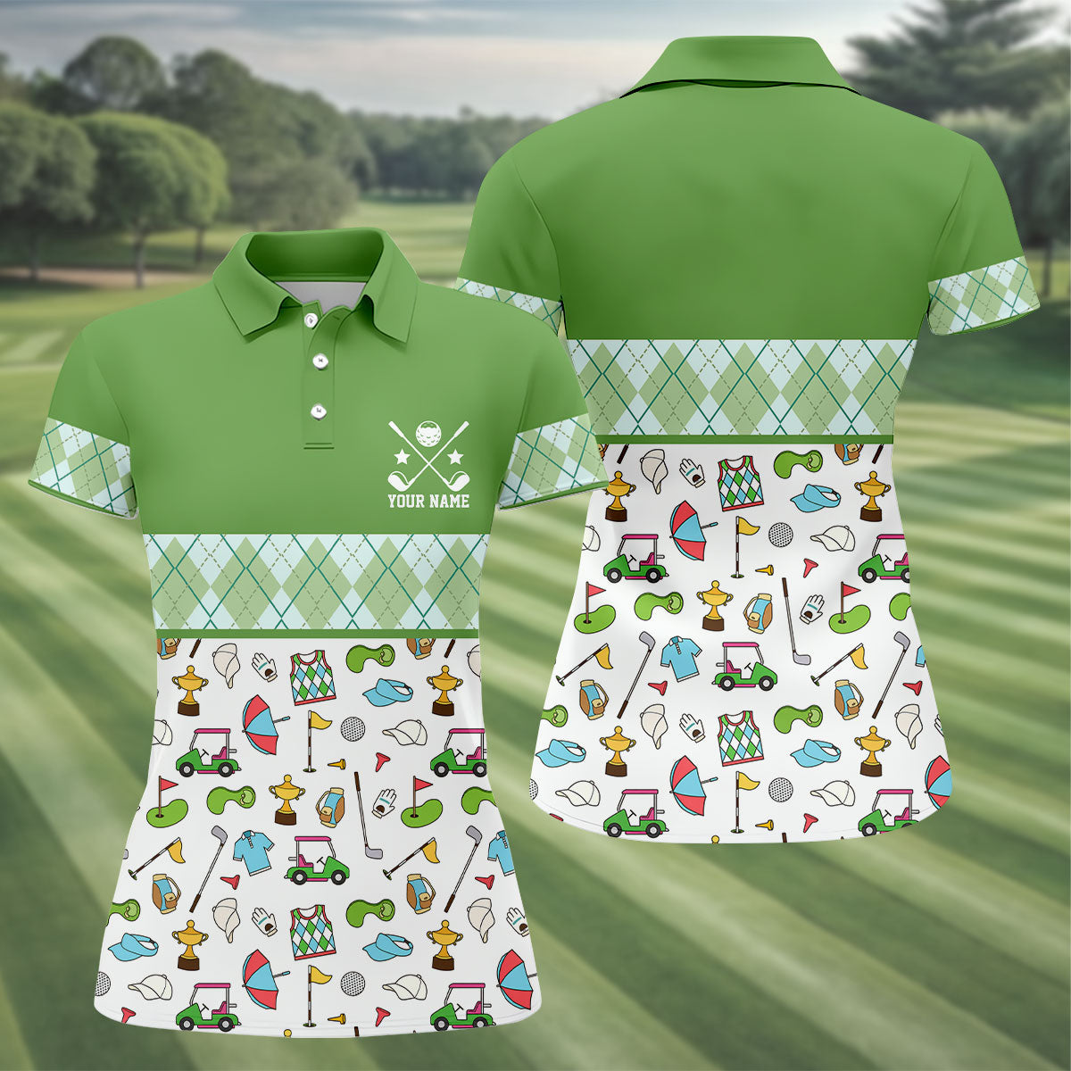 Custom Name Green Argyle Golf Icons Pattern Golf Shirt, Women’s Golf Polo, Golf Tops For Women, Printed Golf Shirt