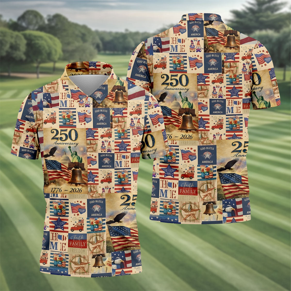 God Bless America Celebrating 250 Retro Golf Shirt, Patriotic 4th Of July Golf Shirts For Men