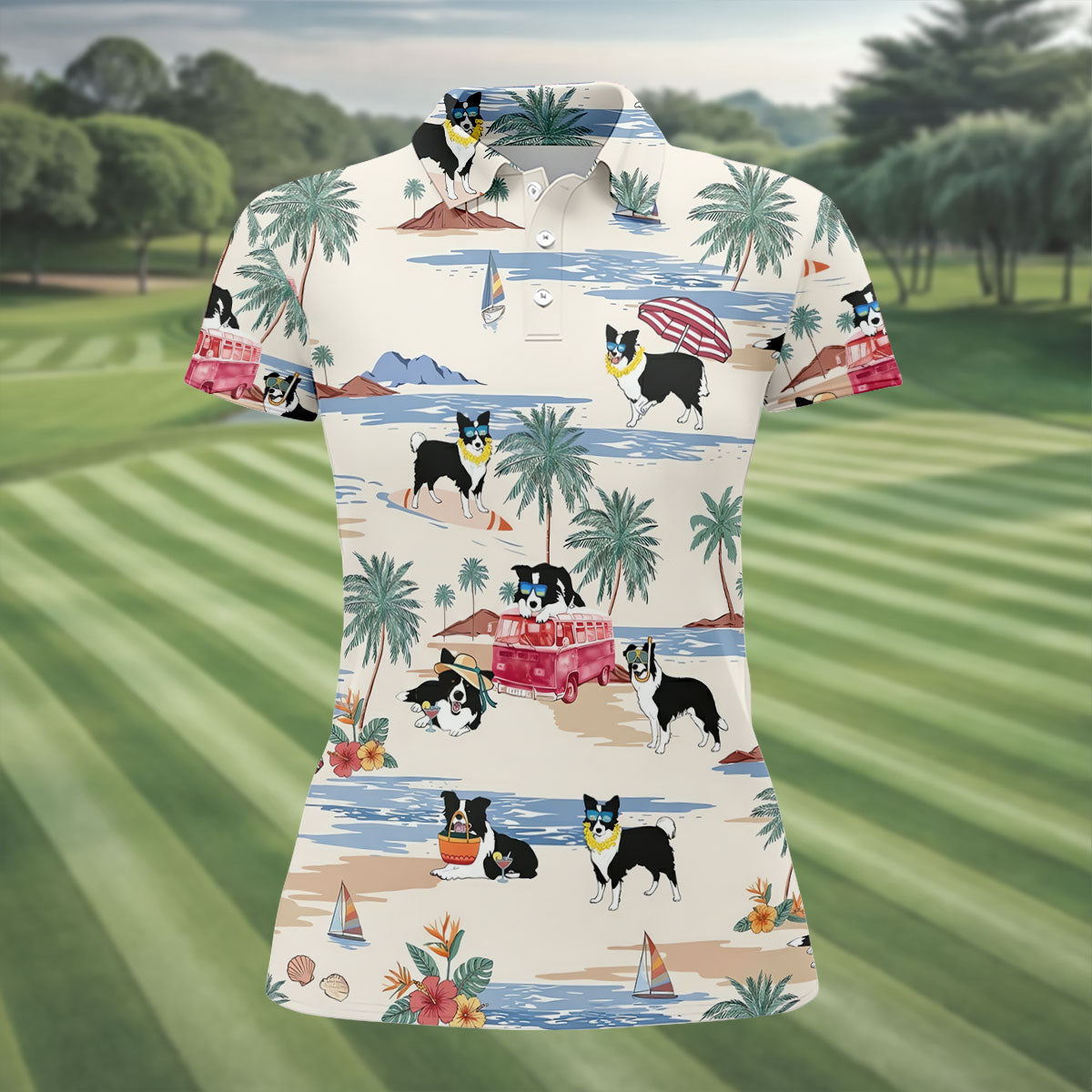 Tropical Border Collie Beach Hawaiian Golf Polo Shirt, Ladies Golf Shirt, Womens Golf Tops
