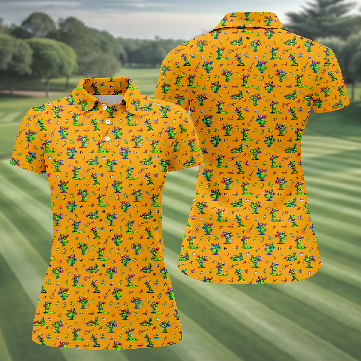 Cartoon Mustach Funny Cactus Cinco De Mayo Celebration Fiesta Themed Orange Golf Shirt For Women